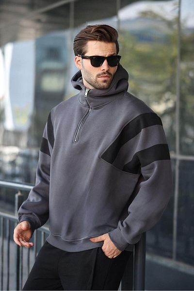 Madmext Smoked Zipper Collar Hooded Men's Sweatshirt E7161