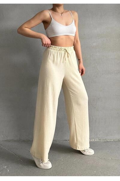 OurStyles Seersucker Women's Elastic Waist Lace up Palazzo Cut High Waist Pants