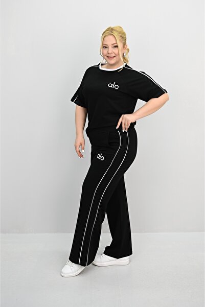 Koza Butik Γυναικείο σετ φόρμας μεγάλου μεγέθους με κοντό μανίκι κέντημα με λεπτομέρεια φαρδιά φούτερ 8191-25