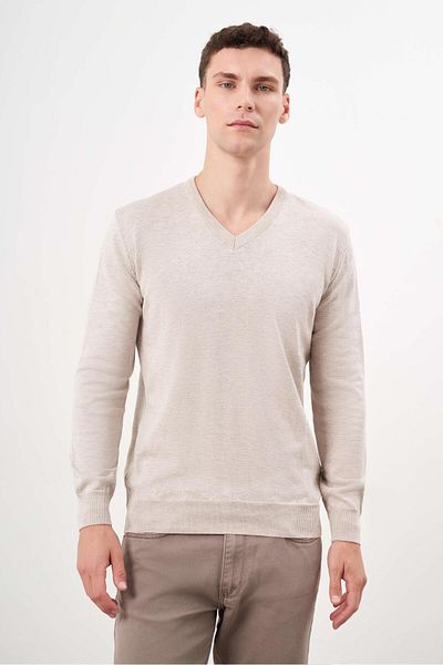 Morven Men's Beige Basic V-Neck Dynamic Fit Comfortable Cut Knitwear