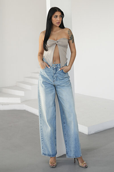 Denim Republic جينز نسائي فضفاض باللون الأزرق الجليدي عالي الخصر