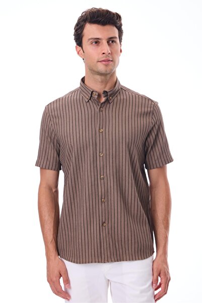 RAVANELLI Ανδρικό πουκάμισο με κοντό μανίκι ριγέ - Βαμβακερό καλοκαιρινό ύφασμα - Bane Brown