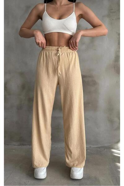 OurStyles Дамски панталони с висока талия от сеърсукър с еластична лента и шнур