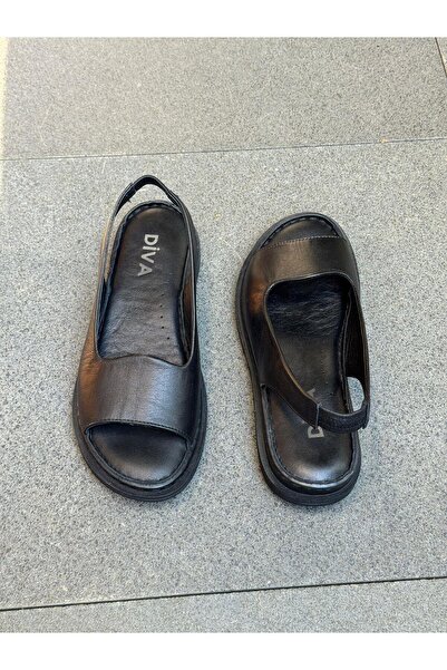 DİVA Μαύρο Δερμάτινο Ορθοπεδικό Γυναικείο Casual Σανδάλια