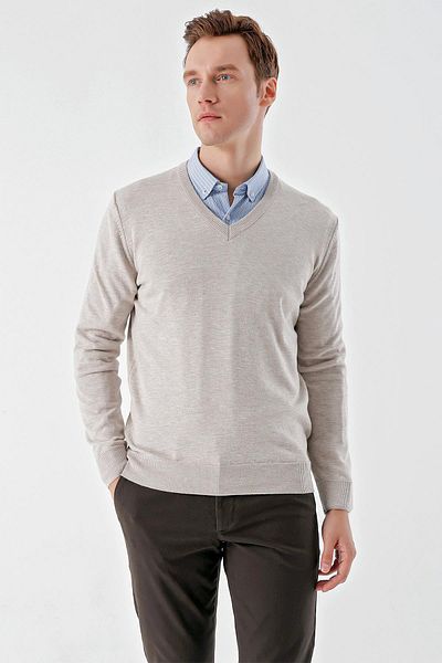 Morven Men's Beige Basic V-Neck Dynamic Fit Comfortable Cut Knitwear