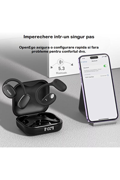 Smart Vibe TOZO® OpenEgo - Casti Open-Ear Sport, ANC, Bluetooth 5.3, Autonomie 30h, Type-C, Black Mirage