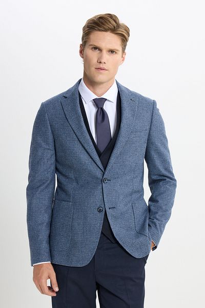 ALTINYILDIZ CLASSICS Men's Blue-Navy Blue Wool Slim Fit Slim Fit Mono Collar Pocket Pocket Check Vest Suit