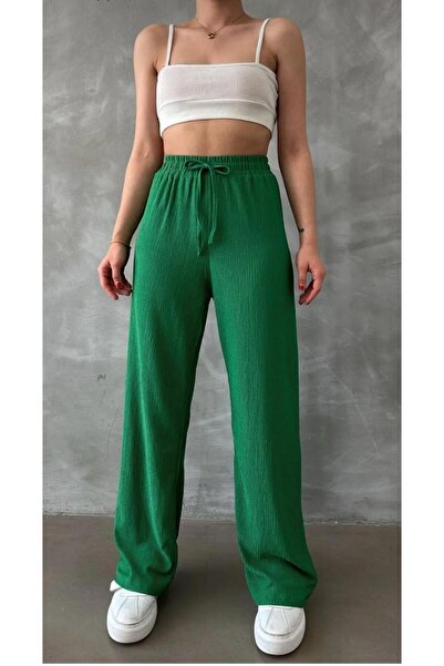 OurStyles Seersucker Women's Elastic Waist Lace up Palazzo Cut High Waist Pants