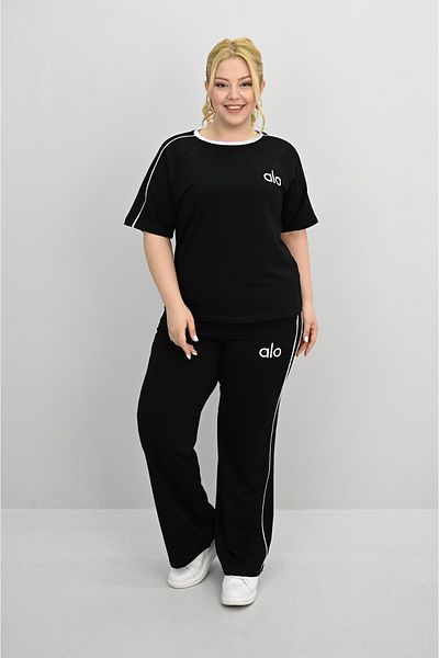 Koza Butik Women's Plus Size Short Sleeve Embroidery Detailed Loose Leg Tracksuit Set 8191-25