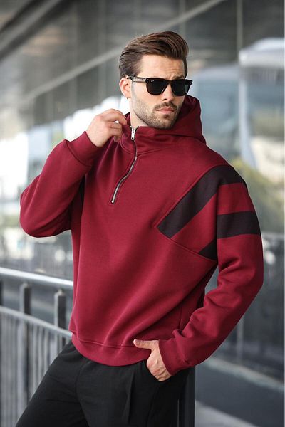 Madmext Burgundy Zippered Collar Hooded Men's Sweatshirt E7161