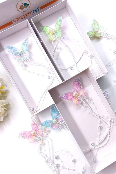 VİTRİNMİXMİNİ Pearl Detailled Hanging Green Color Butterfly Buckle -Boxed- 1 Piece