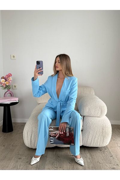 Moda İkra Button Detailed Belted Jacket Trousers Suit