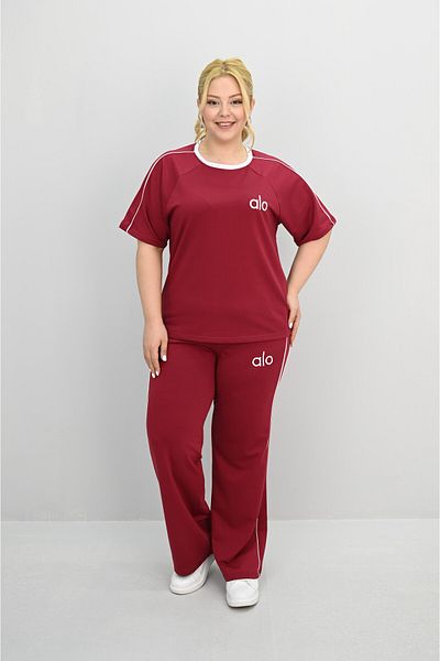 Koza Butik Women's Plus Size Short Sleeve Embroidery Detailed Loose Leg Tracksuit Set 8191-25