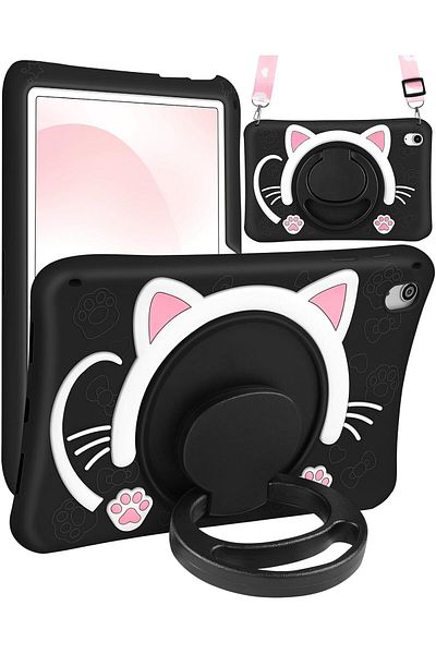 TEKNETSTORE Samsung Galaxy Tab S6 Lite P610/P620 10.4" Compatible Case Black Cat Rotating Stand with Strap