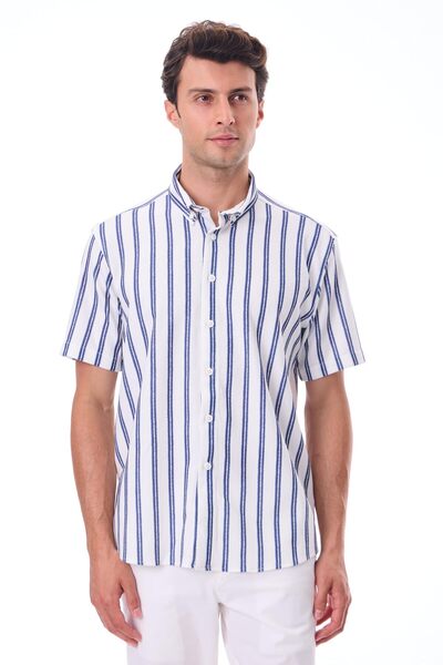 RAVANELLI Cămașă pentru bărbați cu mâneci scurte în dungi - țesătură de vară din bumbac - albastru menton