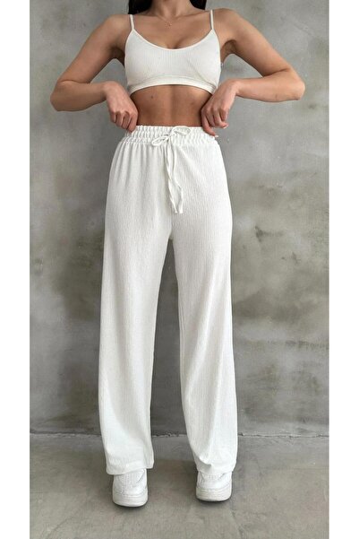 OurStyles SEERSUCKER KADIN BELİ LASTİKLİ BAĞCIKLI PALAZZO KESİM YÜKSEKBEL PAN...