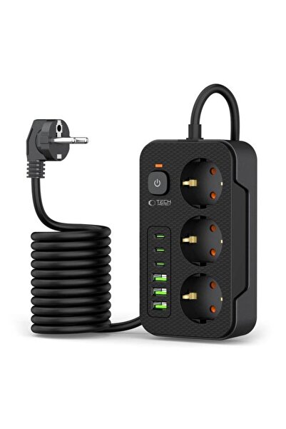 Tech-Protect Prelungitor PC 3 x 6, 3 x Schuko - 3 x USB-A - 3 x USB-C, Negru
