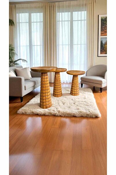 Simillo Home&Living Tik Renk Masif Ahşap Mantar Zigon Sehpa Seti 3'lü – Doğal...