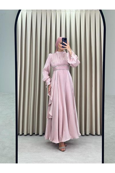 MERETTO By Akıl Jan Jan Fabric Judge Collar Waist Stone Lined Hijab Evening Dress