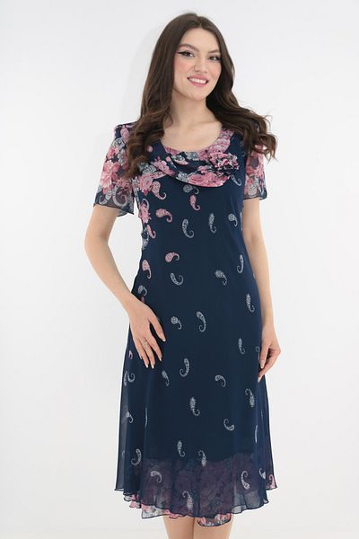 Trend Land Elegant navy blue veil dress with pink roses
