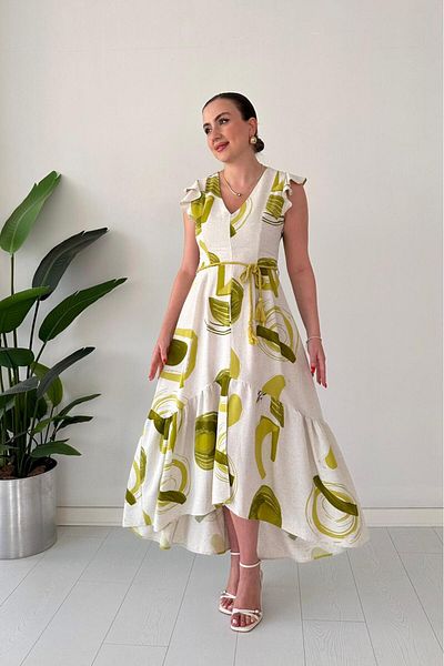 MaziButik Asymmetrical Linen Dress Green