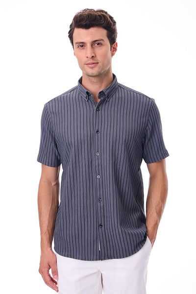 RAVANELLI Men's Short Sleeve Striped Shirt - Cotton Summer Fabric - Bane Grey