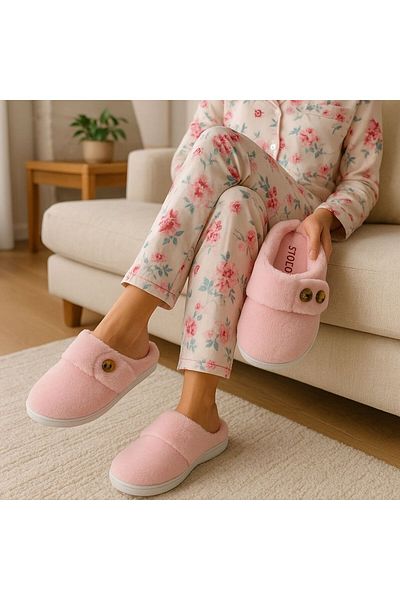 STOCON Women's Plush Button Detailed Comfortable Flexible Soled Washable House Slippers Dowry Slippers Stc1131