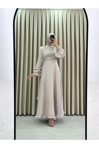 MERETTO By Akıl Jan Jan Fabric Judge Collar Waist Stone Lined Hijab Evening Dress