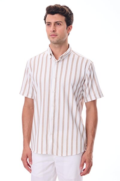 RAVANELLI Ανδρικό πουκάμισο με κοντό μανίκι - Βαμβακερό καλοκαιρινό ύφασμα - Μπεζ μεντόν