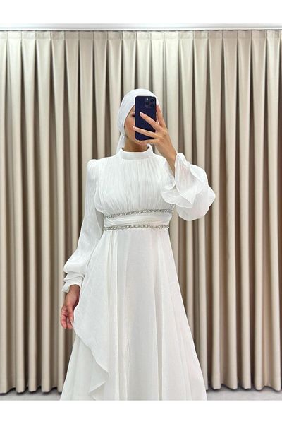 MERETTO By Akıl Jan Jan Fabric Judge Collar Waist Stone Lined Hijab Evening Dress