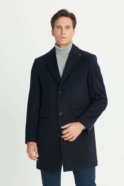 ALTINYILDIZ CLASSICS Men's Navy Blue Wool Standard Fit Regular Cut Coat