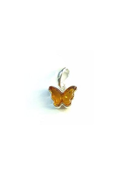 OEN Silver pendant with cognac brown amber, butterfly pattern, length 1 cm