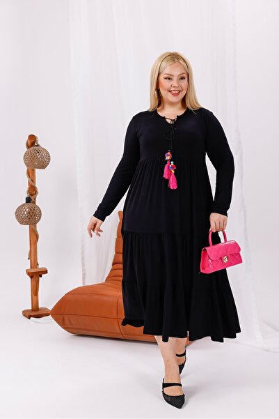Siyezen Plus Size Flared Tassel Detailed Dress