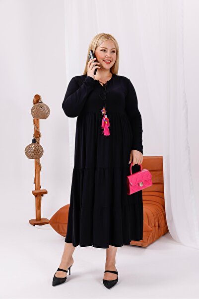 Siyezen Plus Size Flared Tassel Detailed Dress