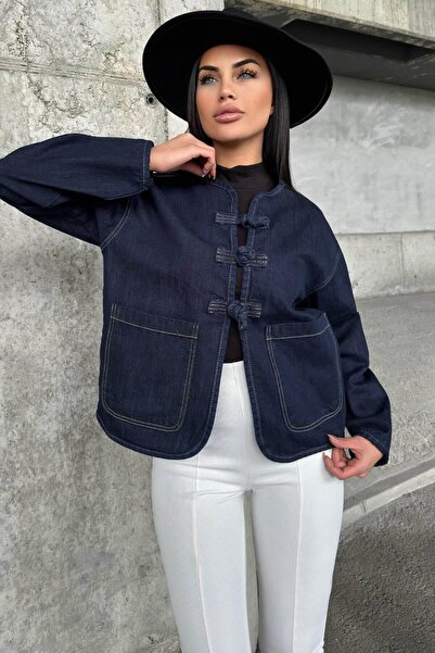 NEW LAVİVA Navy Blue Front Tie, Pocket Detail, Oval Cutting, Loose Denim Jacket