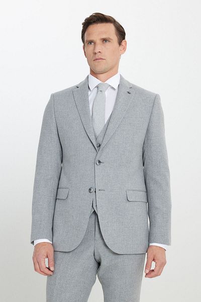 ALTINYILDIZ CLASSICS Men's Gray Woolen Slim Fit Slim Fit Mono Collar Diagonal Patterned Cover Pocket Vest Suit