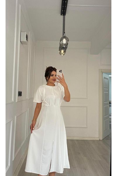 Daves Balloon Sleeve Flounce Atlas Fabric Dress-White