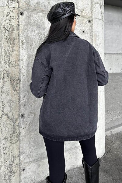 NEW LAVİVA Anthracite Wide Pocket Oversize Denim Jacket Shirt with Button Detail