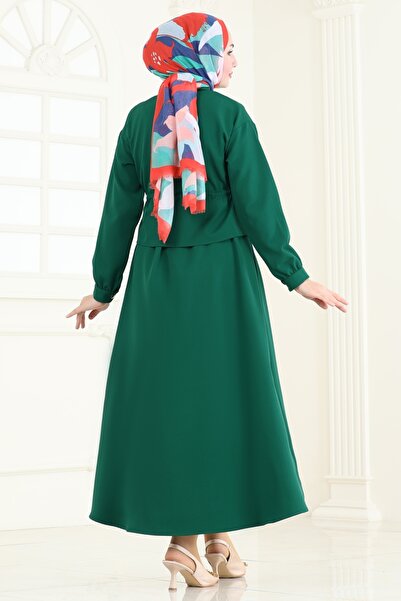 ModaMerve Beli Büzgülü Tesettür Takım 730MP806-MS Zümrüt