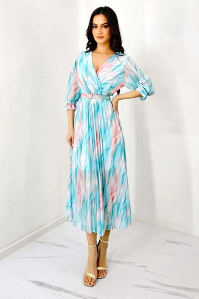 FashionForYou Fatima day dress, pleated cut and pastel print, Turquoise, Size S/M