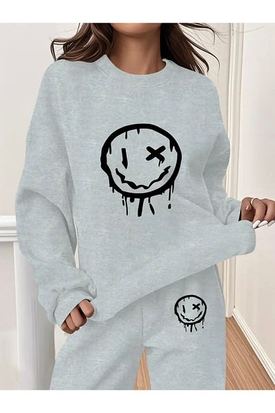 FUFLUNS Graphic Smiling Face Printed Unisex Cycling Collar Bottom/Upper Tracksuit Set