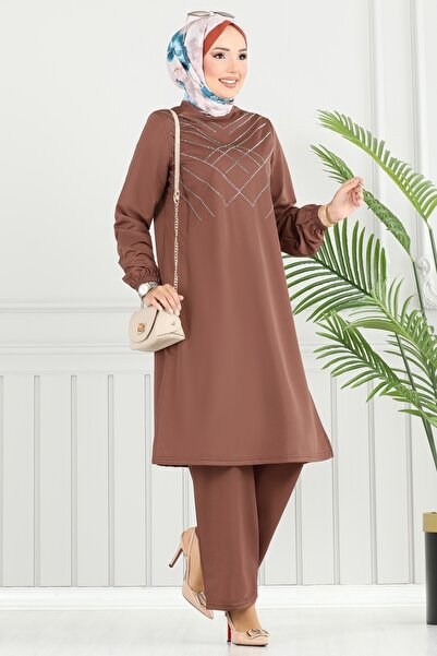 ModaMerve Önü Taşlı Dabıl Takım 429DVL817-MS Kahve