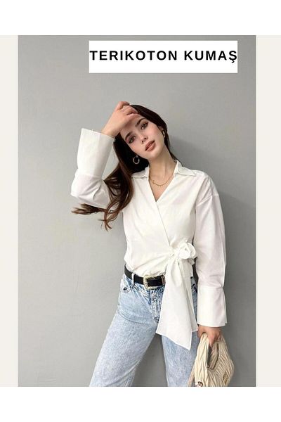 ribana Terry Cotton Fabric Double Breasted Collar Side Tie Shirt Blouse