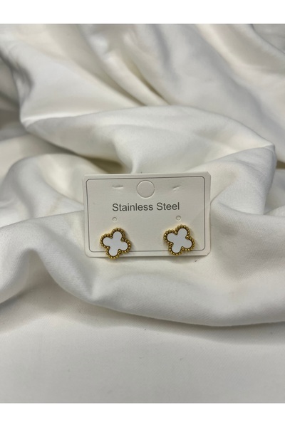 Fam&Co Jewelry White Clover Form Earrings with Stainless Steel Gold Color Frame