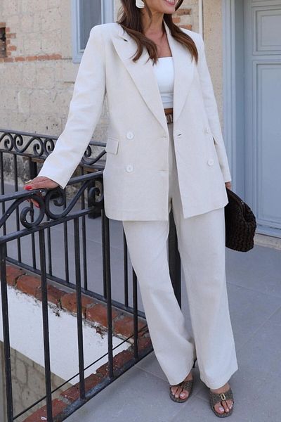 Suzi Linen Mixed Suit Stone Color Jacket and Pants Tk2014