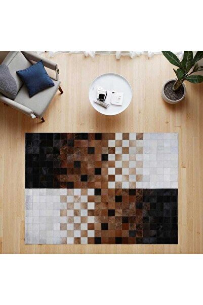 deco marié Kahverengi Beyaz Dana Derisi Patchwork Halı – El Yapımı Hakiki Der...