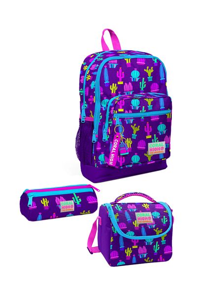 Coral High Kids Purple Pink Cactus Patterned 3-Piece School Bag Set