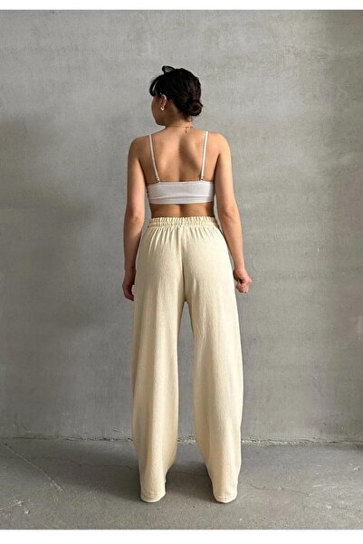 jsshop collection PANTALONI DE DAMĂ ''BÜRÜMCEK KUMAȘ'' YÜKSEKBEL PALAZZO CU ELASTIC LA TALIE (EFIL EFIL)