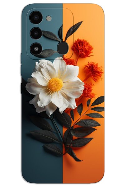 MRCİLETİSİM غطاء خلفي مطبوع بنمط HD لهاتف Tecno Spark 8C - زهرة بيضاء برتقالية