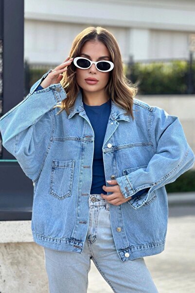 NEW LAVİVA Γυναικείο κολάρο Ice Blue, Διπλή τσέπη, Ποιοτικό ύφασμα τζιν, Φαρδύ τζιν μπουφάν